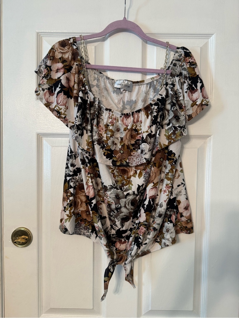 Caren Sport Floral Tie-Front Blouse in Cream, Brown and Pink